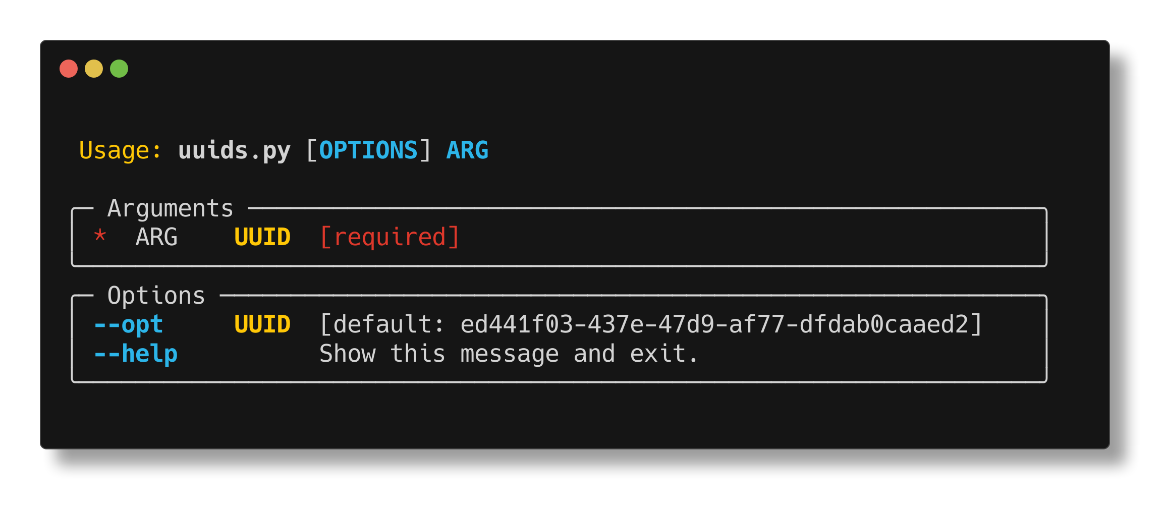 UUID example help screen