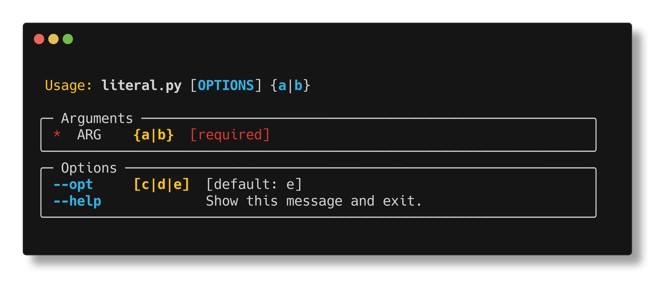 Literal example help screen